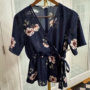 PINK ROSE • Navy Floral Wrap Blouse